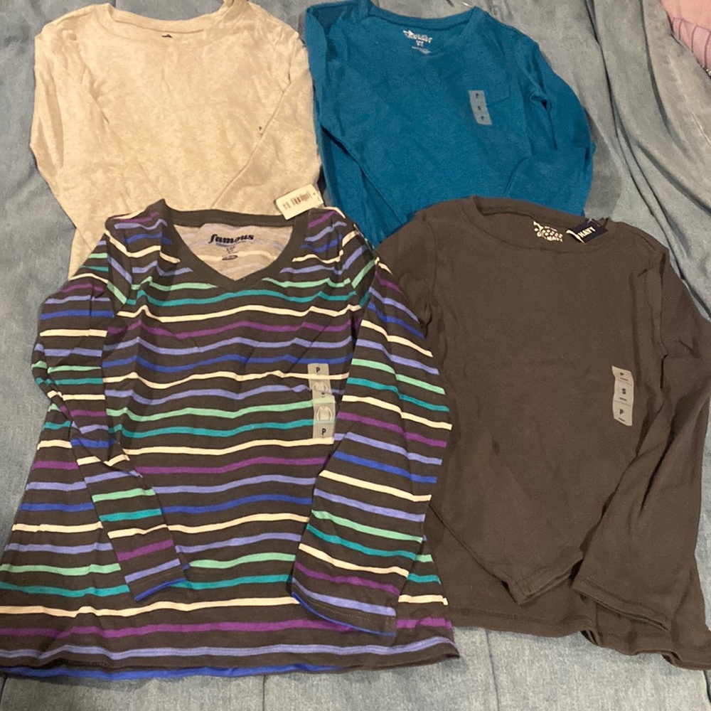 4 NWT Old Navy girls small 6-7 long sleeve shirts light gray striped gray blue